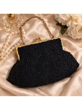 Vintage 1950s Handmade Belgium Black Beaded Kiss Clasp Evening Bag Gold Chain